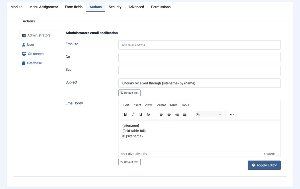 Actions tab: email to the administrators, default texts