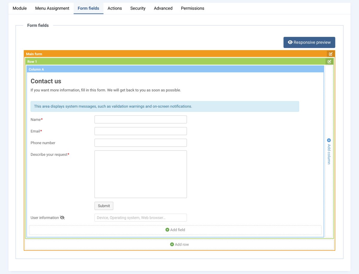 Visual designer: rows, columns and fields, like Fox Contact